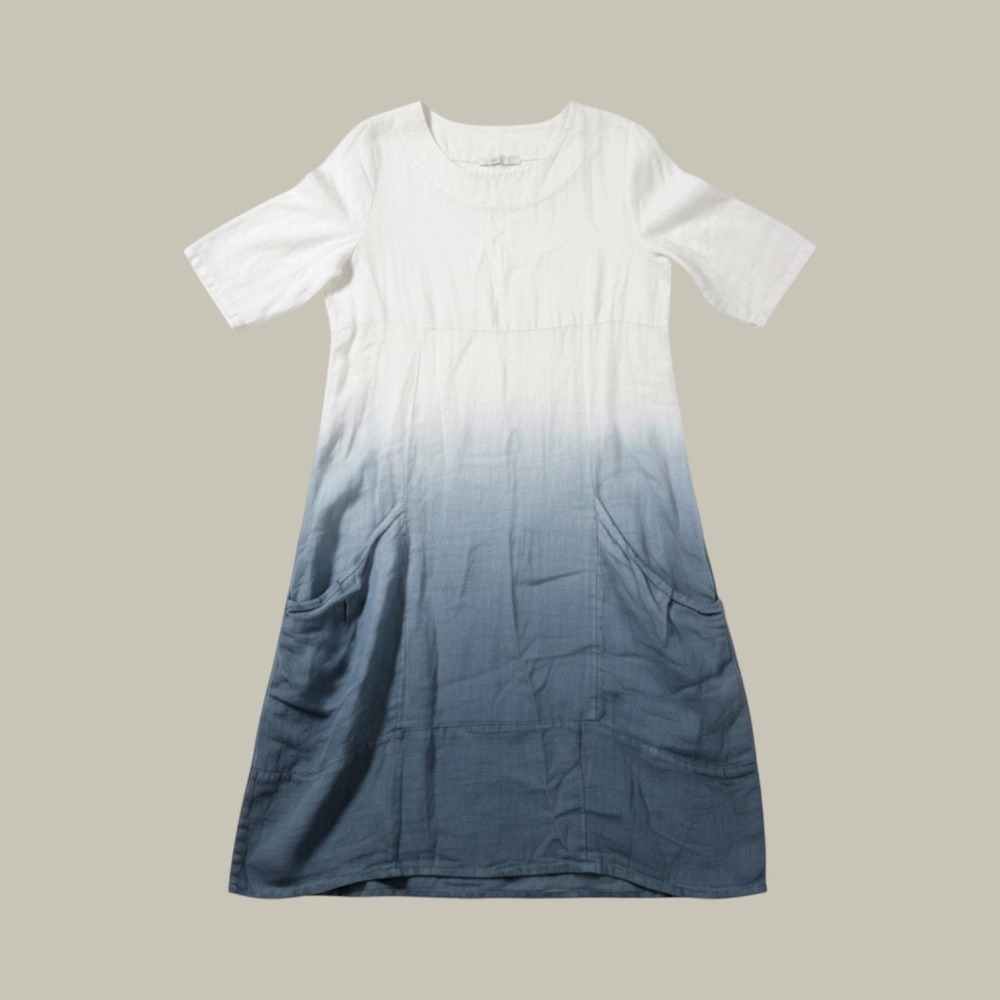 Vasna Linen Ombre Dress Womens Large Blue Cream Made in Italy Lagenlook Pocket